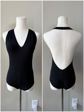 American Apparel Black Halter Neck Deep V Open Back Bodysuit